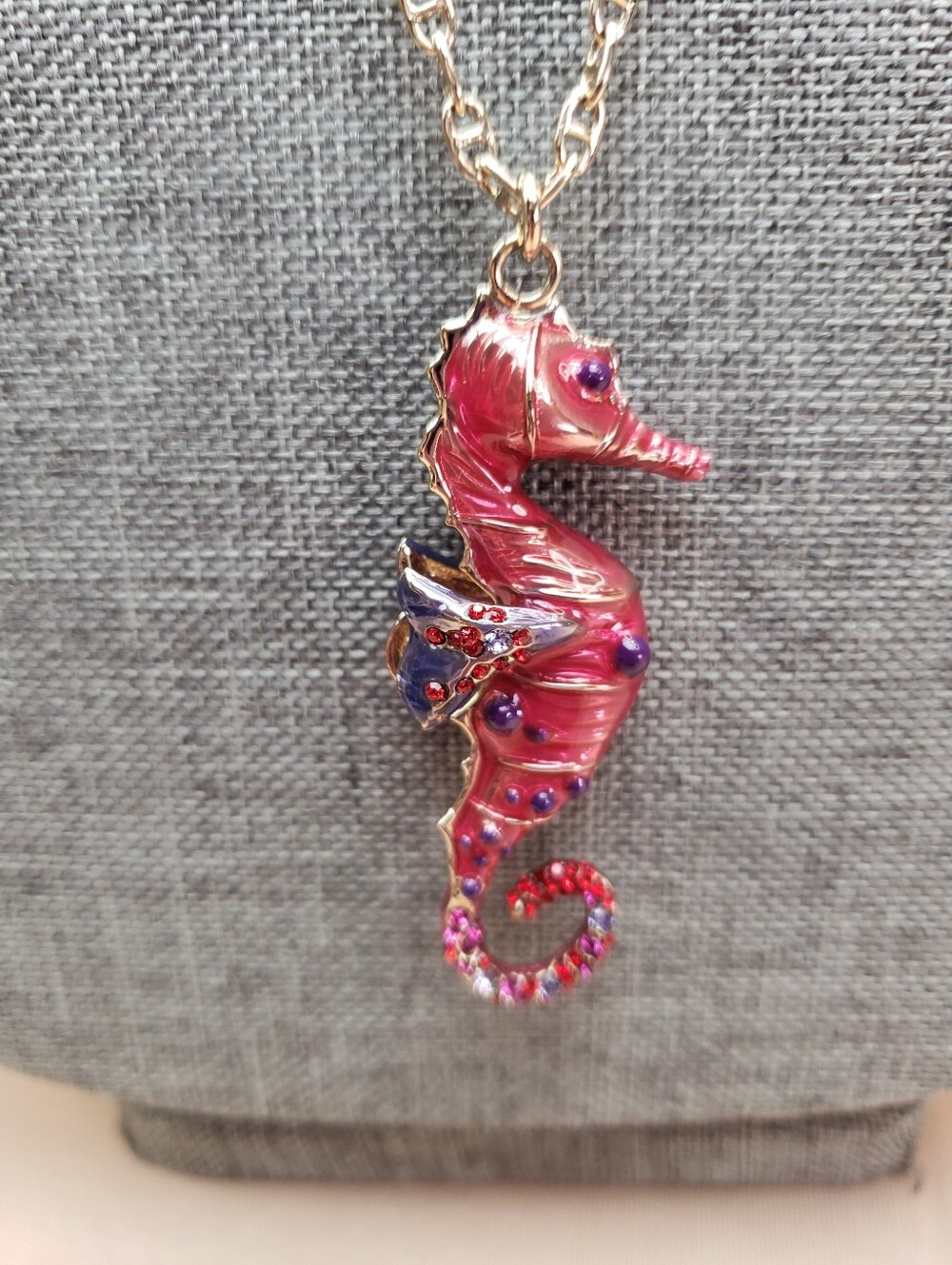 Salvatore Ferragamo Italy Pink Enamel Seahorse Necklace with Rhinestones